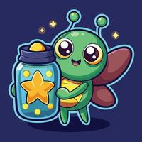 Luminescent Fireflies and Glowing Jar in a Whimsical Cartoon Illustration vector