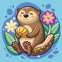 Cute Cartoon Otter Sticker Clutching a Seashell vector