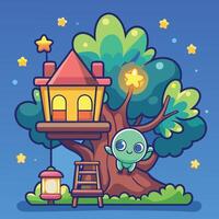 Cartoon Firefly Illuminating a Tranquil Treehouse at Night vector