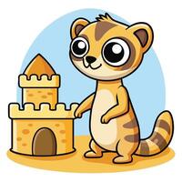 Playful Meerkat Constructing a Sand Castle in Cartoon Style vector