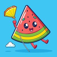 Cartoon Watermelon Slice Soaring through the Sky with a Kite vector