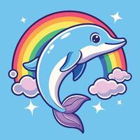 Cartoon Dolphin Leaps Through a Colorful Rainbow in the Ocean vector