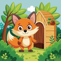 Playful Fox Cub Concealed in a Hide and Seek Game with Colorful Stickers vector