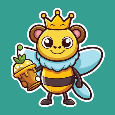 Adorable Cartoon Sticker of a Bee Adorned with a Tiny Gold Crown