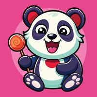 Cartoon Sticker of an Adorable Panda Holding a Lollipop with a Happy Expression vector