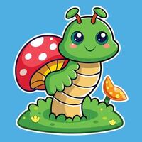 Cartoon Caterpillar Sitting Content on a Toadstool with Amusement vector