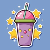 Cartoon Sticker of a Smoothie Cup with Sparkling Stars Floating Around vector