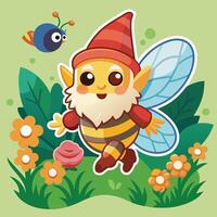Humorous Cartoon Sticker of a Perplexed Bee Buzzing Around a Garden Gnome vector