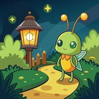 Cartoon Firefly Illuminating a Serene Garden Path at Night vector