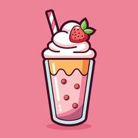 dibujos animados pegatina de un fresa malteada con azotado crema y un Paja vector