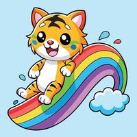 Cartoon Sticker of a Playful Tiger Cub Sliding Down a Slide with Joy vector