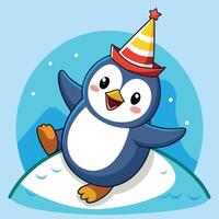 Cartoon Sticker Depicting a Frolicking Penguin Enjoying a Joyous Slide vector