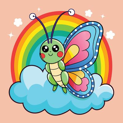 Vibrant Rainbow with a Cartoon Butterfly Perched on Top