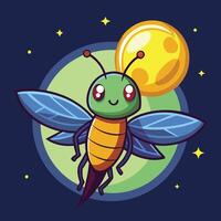 Cartoon Sticker of a Firefly Glowing Brightly Under a Full Moon at Night vector