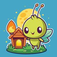 Cartoon Firefly Illuminates a Tiny Home with Warm Glow vector