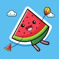 Cartoon Watermelon Slice Soaring through the Sky with a Kite vector