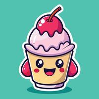 Adorable and Joyful Cartoon Sticker of a Smiling Ice Cream Sundae with Sprinkles and a Cherry vector