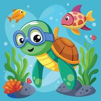 Playful Turtle Wearing a Snorkel Explores the Underwater World vector