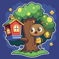 Cartoon Fireflies Illuminate a Cozy Treehouse in the Forest vector