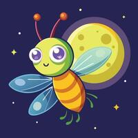 Cartoon Sticker of Firefly Glowing Brightly Beneath a Full Moon vector