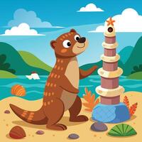 Playful Otter Constructing a Tower of Building Blocks with Cartoonish Merriment vector