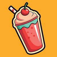 Kawaii Cartoon Sticker of a Delightful Strawberry Smoothie with a Cheerful Expression vector