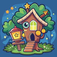 Whimsical Firefly Illuminates Enchanted Treehouse vector