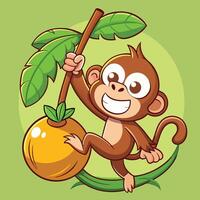 Cartoon Sticker of a Monkey Swinging from a Tree Branch with Playful Expression vector