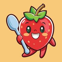 Enchanting Strawberry Cartoon Sticker with Tiny Spoon and Seed Crown vector