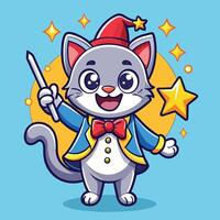 Playful Kitten Wields Magic Wand in Cartoon Sticker vector