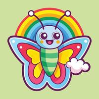 Cartoon Butterfly Adorned with Flowers Resting on a Rainbow vector