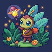 Cartoon Firefly Illuminating a Flower with Its Glow vector