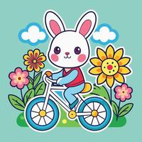 Cartoon Sticker of a Playful Rabbit Riding a Bicycle with Excitement vector