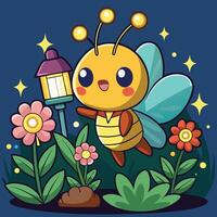 Glowing Firefly Illuminates a Blooming Flower on a Summer Night vector