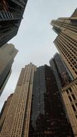 Bottom view of modern skyscraper in business district video