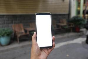 A hand is holding a smartphone with a blank screen while in a beautiful outdoor setting photo
