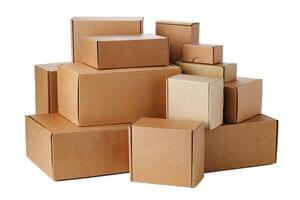 Stacked brown cardboard boxes in various sizes arranged on a white background photo