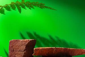 Stone display for product against green background photo