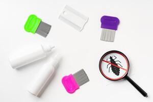 Tools for inspecting and treating lice infestations at home with a magnifying glass and a comb photo