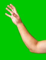human arm gesturing with raised fingers against a bright green backdrop photo