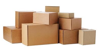 Stacked brown cardboard boxes in various sizes arranged on a white background photo