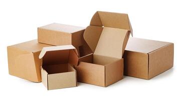 Stacked brown cardboard boxes in various sizes arranged on a white background photo