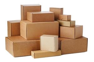 Stacked brown cardboard boxes in various sizes arranged on a white background photo