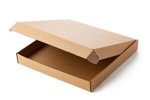Empty cardboard box on a white surface showing its open position photo