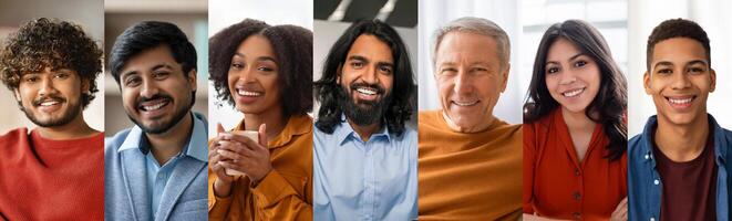 Seven individuals of different backgrounds are smiling and engaging with each other in a well-lit, contemporary space. Their expressions reflect joy and camaraderie. photo
