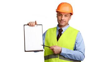 Building Job. Professional Builder Worker Offering To Sign Labor Contract Showing Folder With Papers Standing Over White Studio Background. Housebuilder Offers Employment. Panorama photo