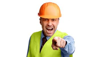 Angry Builder Man Shouting Pointing Finger Looking At Camera Standing Over White Studio Background, Wearing Orange Uniform And Hardhat. Building Advertisement Banner. Panorama photo