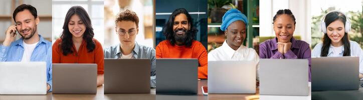 A diverse group of seven individuals is focused on their laptops, working remotely in a bright and modern space. Each person displays concentration and productivity while engaging in their tasks. photo