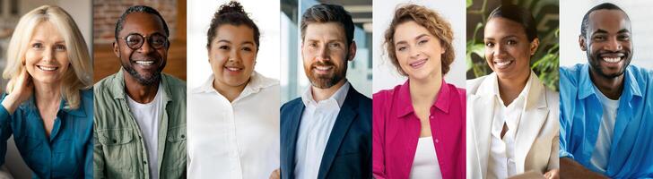 A diverse group of smiling individuals stands together in a bright, modern workspace. Each person showcases their unique style, contributing to an atmosphere of collaboration and positivity. photo