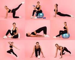 A woman engages in multiple workout routines including stretches and strength training using dumbbells and a stability ball. The vibrant pink backdrop enhances the energetic atmosphere. photo